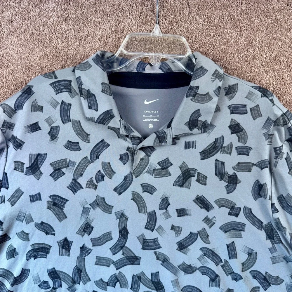 Nike Dri-FIT Men XL Grey Black Abstract Brushstroke Golf Polo Shirt Short Sleeve